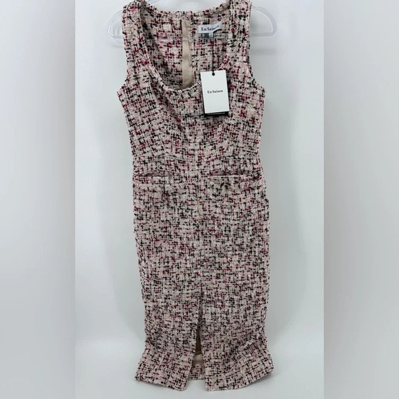NWT En Saison Everleigh Midi Tweed Dress Beige Burgundy Size S - Picture 4 of 13